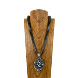 NKY260108-12            24‘’ 14mm Silver roundel Navajo pearl beads with blue oval turquoise stone pendent Necklace