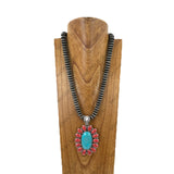 NKY260108-12            24‘’ 14mm Silver roundel Navajo pearl beads with blue oval turquoise stone pendent Necklace