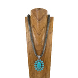 NKY260108-17                        34‘’ 14mm Silver roundel Navajo pearl beads with blue oval turquoise stone pendent Necklace