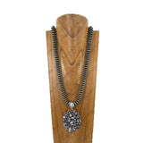 NKY260108-17                        34‘’ 14mm Silver roundel Navajo pearl beads with blue oval turquoise stone pendent Necklace