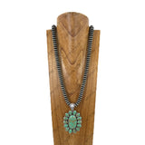 NKY260108-17                        34‘’ 14mm Silver roundel Navajo pearl beads with blue oval turquoise stone pendent Necklace