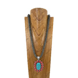 NKY260108-17                        34‘’ 14mm Silver roundel Navajo pearl beads with blue oval turquoise stone pendent Necklace