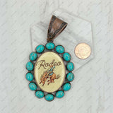 PD231210CP-13               Copper metal with blue turquoise stone oval cowboy Pendent