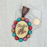 PD231210CP-13               Copper metal with blue turquoise stone oval cowboy Pendent