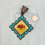 PD231210CP-21                  Copper metal with blue turquoise stone square cowgirl Pendent
