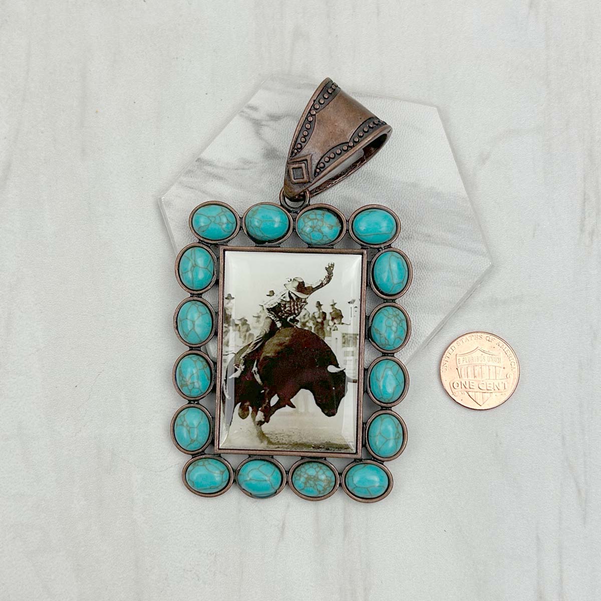 PD231210CP-27                 Copper metal with blue turquoise stone triangle cowboy Pendent