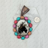 PD231210CP-33                 Copper metal with blue turquoise stone oval cowboy Pendent