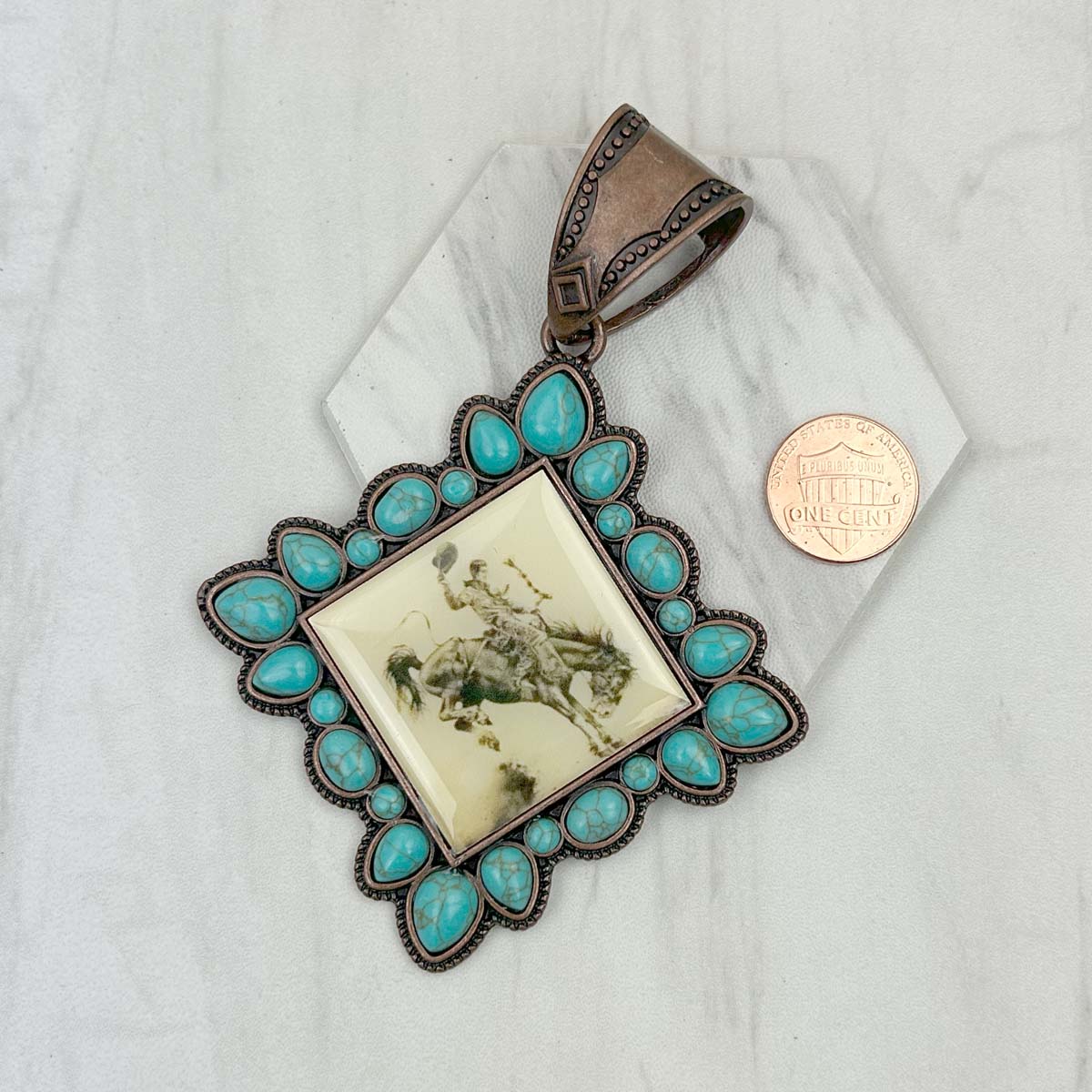 PD231210CP-05                Copper metal with blue turquoise stone square cowboy Pendent