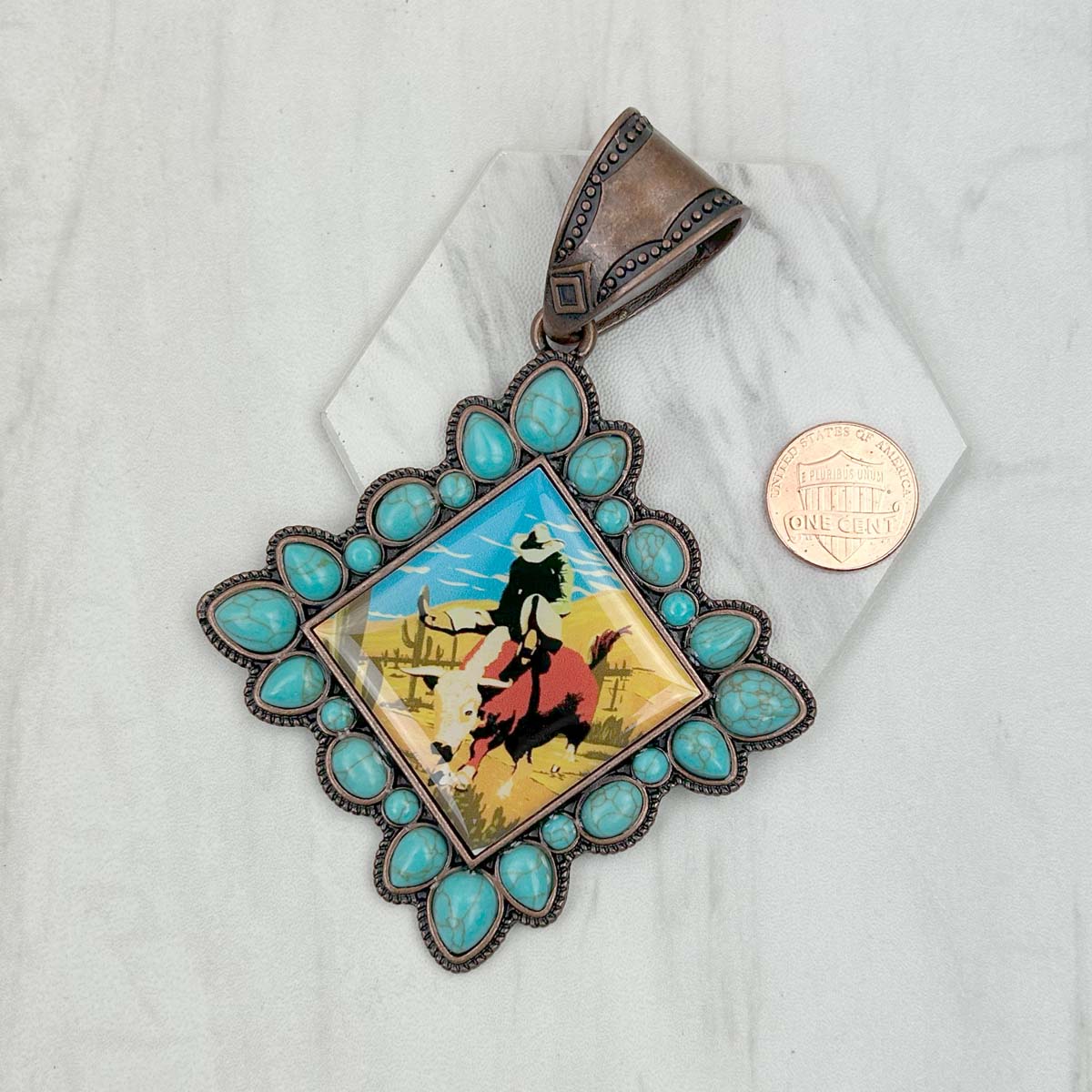 PD231210CP-05                Copper metal with blue turquoise stone square cowboy Pendent
