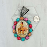 PD231210SL-29                 silver metal with blue turquoise stone oval cowboy Pendent