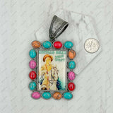 PD231210SL-53                silver metal with blue turquoise stone triangle buffalo bill Pendent