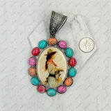 PD231210SL-61               silver metal with muti stone oval cowgirl Pendent