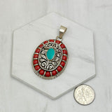 PD240721-17               German silver with blue turquoise and red coral pendant