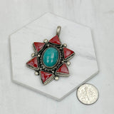 PD240721-19               German silver with blue turquoise and red coral pendant