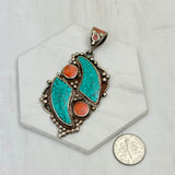 PD240721-21               German silver with blue turquoise and red coral pendant