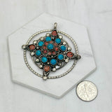 PD240721-23               German silver with blue turquoise and red coral pendant