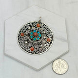 PD240721-24               German silver with blue turquoise and red coral pendant