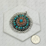 PD240721-25               German silver with blue turquoise and red coral pendant