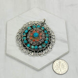 PD240721-25               German silver with blue turquoise and red coral pendant