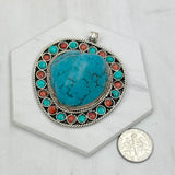 PD240721-26               German silver with blue turquoise and red coral pendant