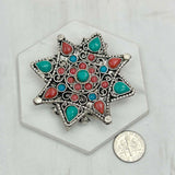 PD240721-28               German silver with blue turquoise and red coral pendant