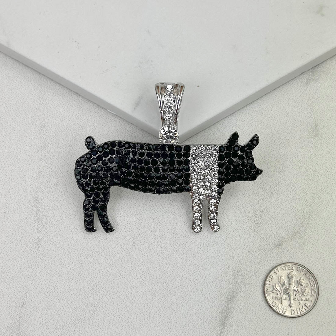 PDS230815-10        Silver with Clear and black crystal piggy pendent