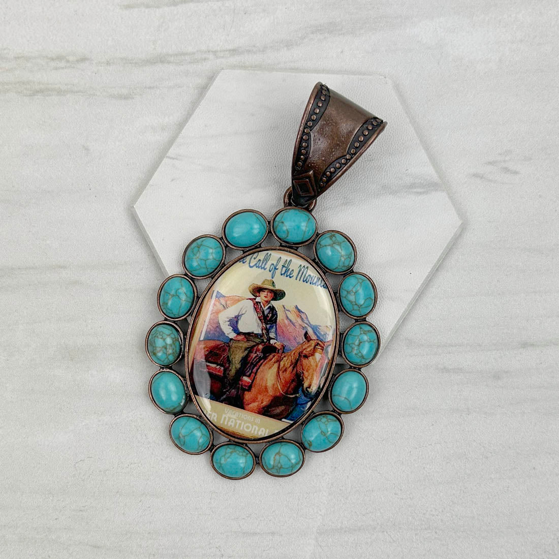 PDS230827-02                 Copper oval with blue turquoise stone cowgirl pendent