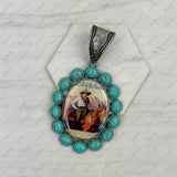 PDS230827-04              Silver oval with blue turquoise stone cowboy pendent