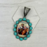 PDS230827-04              Silver oval with blue turquoise stone cowboy pendent