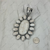 PDS251230-01SL-WHITE                  Silver metal with white turquoise stone oval flower concho Pendent