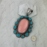 PDS251230-06-GREEN-ORANGE                       Silver metal with green and orange turquoise stone oval Pendant
