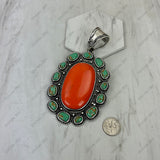 PDS251230-06-GREEN-ORANGE                       Silver metal with green and orange turquoise stone oval Pendant