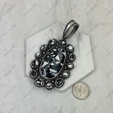 PDS260530-01-BLACK-WHITE                 Silver metal with black and white turquoise stone oval pendent