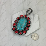 PDS260530-01-BLUE-RED           Silver metal with blue and red turquoise stone oval pendent