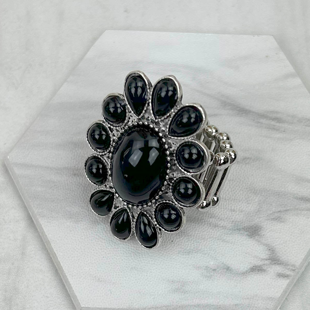 RGS230701-02-BLACK              Silver with black stone concho stretch Ring