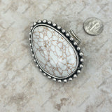 RGY230225-02-WHITE    Large Silver oval with white stone stretch Ring
