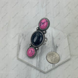 RGY231205-02-HP-BLK                Silver metal with hot pink and black stone long bar Ring