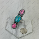 RGY231205-02-HP-BL                  Silver metal with hot pink and blue stone long bar Ring