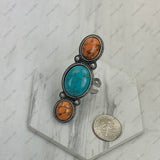 RGY231205-02-ORG-BL                Silver metal with orange and blue stone long bar Ring