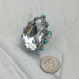 RGY241130-01-CLEAR                        Silver metal with clear crystal and blue turquoise stone beads Ring