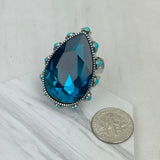 RGY241130-01-CLEAR                        Silver metal with clear crystal and blue turquoise stone beads Ring