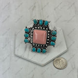 RGY251230-02-RED-BLUE                     Silver metal with red and blue turquoise stone cross Ring