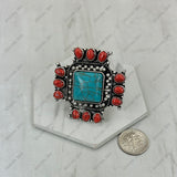 RGY251230-02-RED-BLUE                     Silver metal with red and blue turquoise stone cross Ring