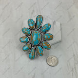 RGY251230-03-BLUE-BROWN                   Silver metal with blue turquoise stone flower concho Ring