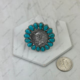 RGY251230-05-01                     Silver metal with blue turquoise stone coin shape Ring