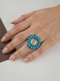 RGY251230-05-01                     Silver metal with blue turquoise stone coin shape Ring