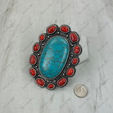 RGY251230-06-RED-BLUE              Silver metal with red and blue turquoise stone oval Ring