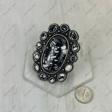 RGY260530-01-BLACK-WHITE           Silver metal with black and white stone oval Ring