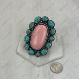 RGY260530-01-LIGHT PINK-BLUE             Silver metal with light pink and blue turquoise stone oval Ring