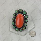 RGY260530-01-ORANGE-GREEN             Silver metal with orange and green turquoise stone oval Ring